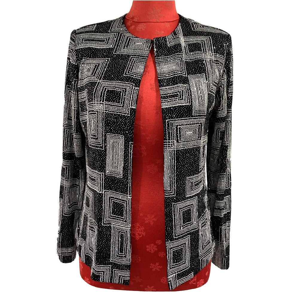 Xscape Cocktail Jacket cropped crew black stretch silver metallic details size S